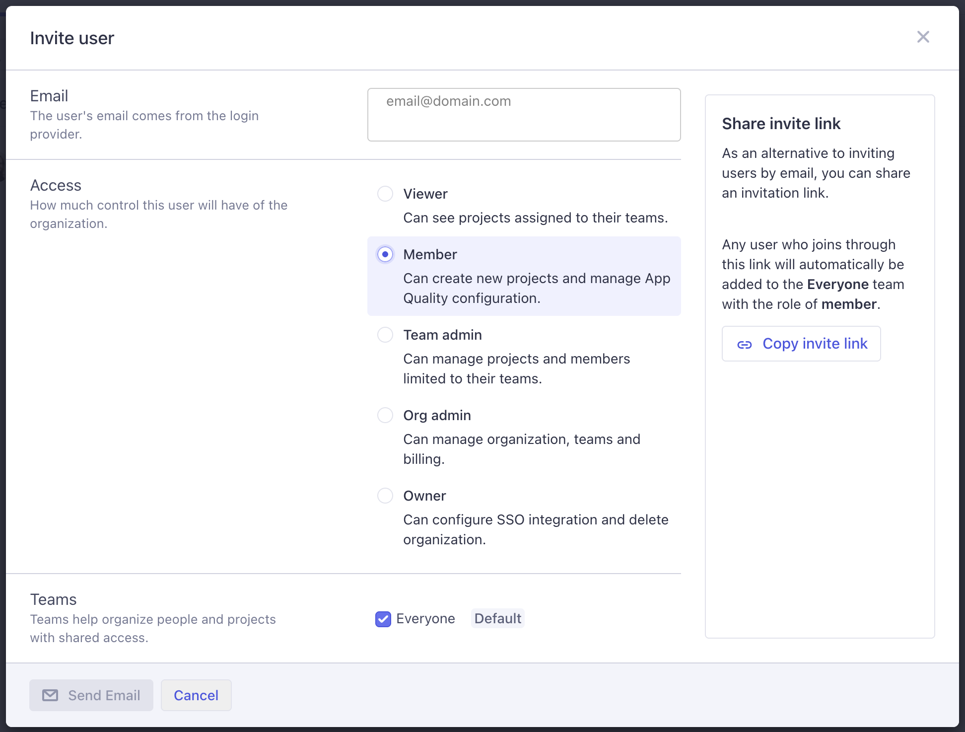 Cypress Cloud Invite User dialog showing email entry and role selection