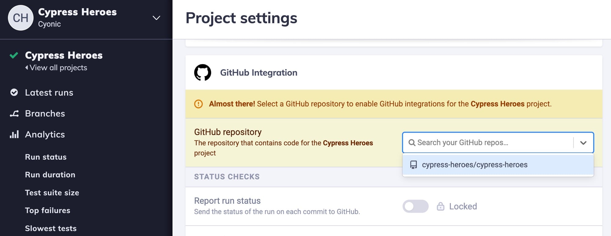 Associate GitHub repo with Cypress project
