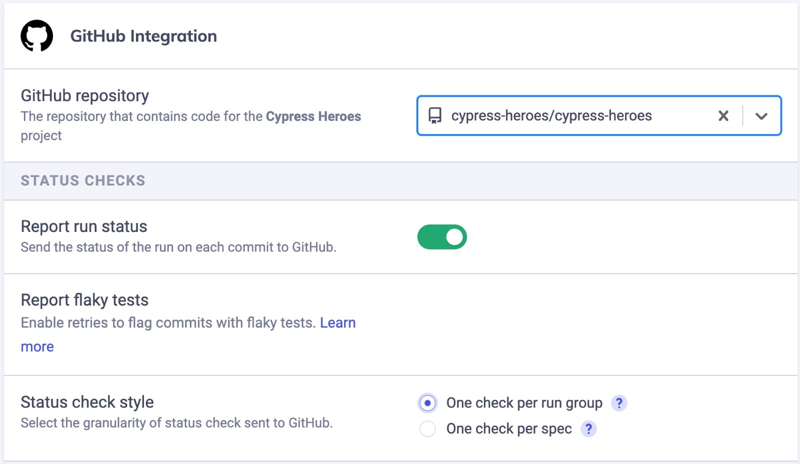 GitHub integration enabled for Cypress project