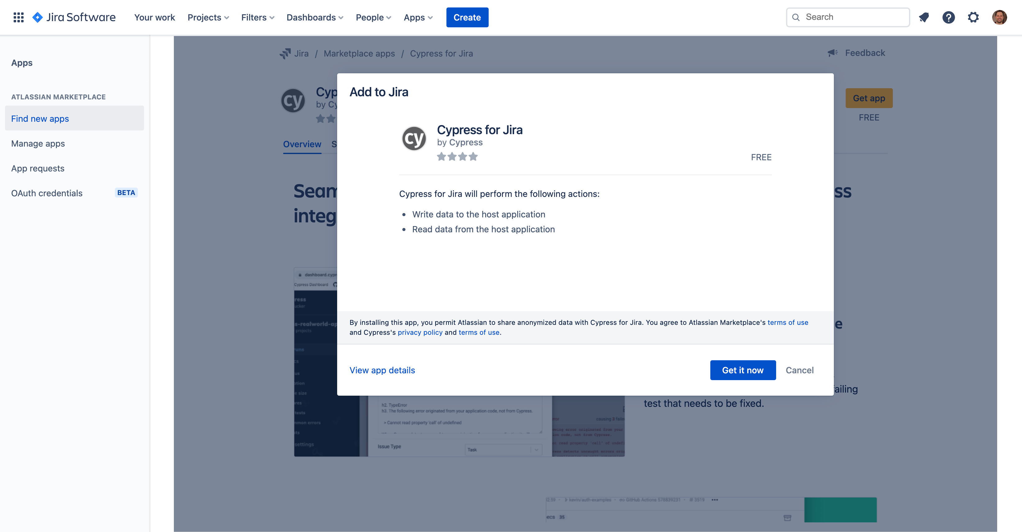 Atlassian Marketplace Cypress for Jira Installation Confirmation