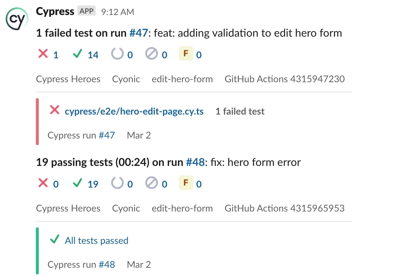 Cypress notification feed in Slack channel