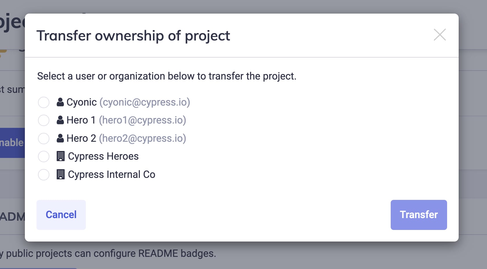 Transfer Project dialog