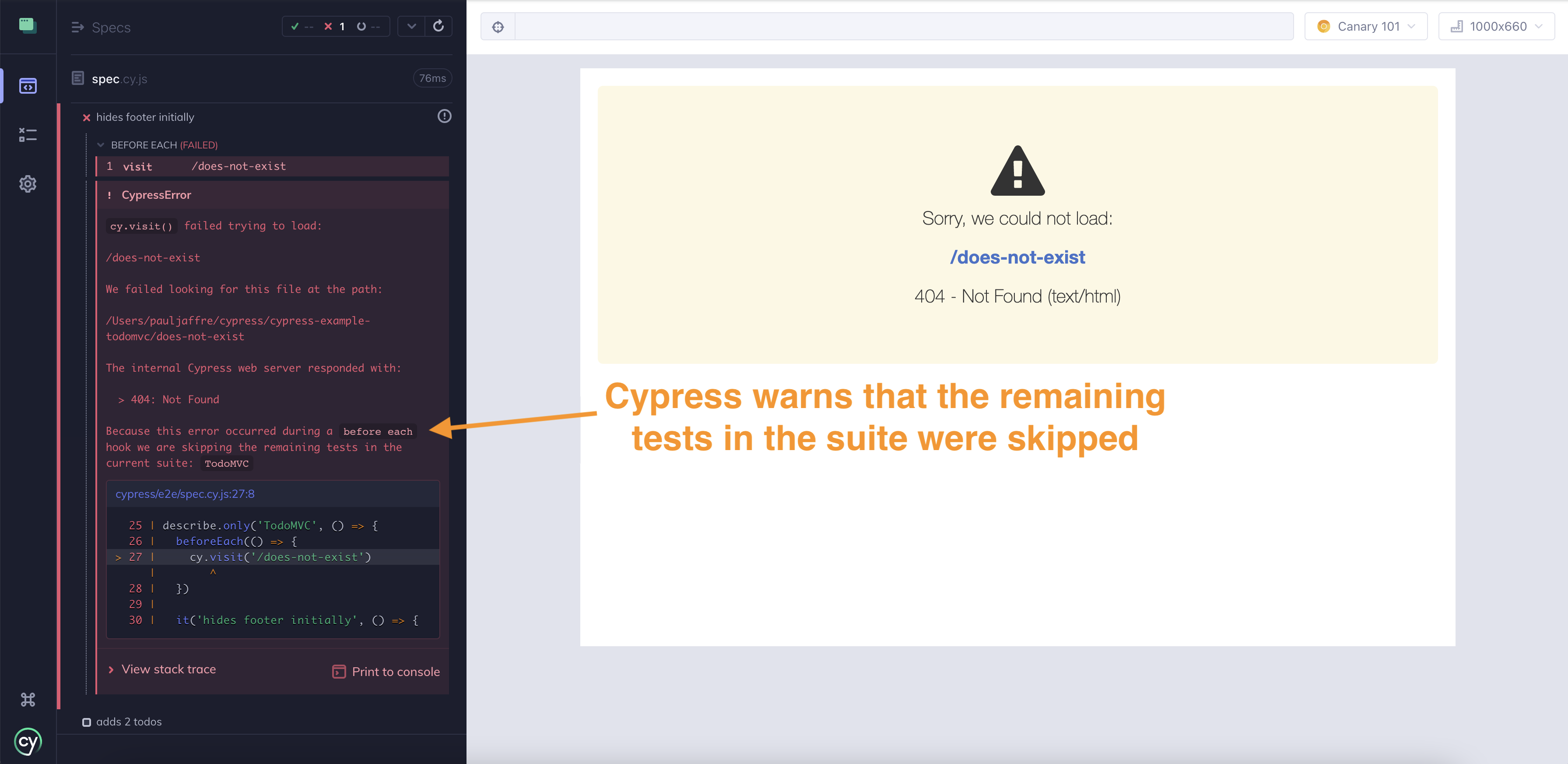 Cypress showing one failed and one skipped test