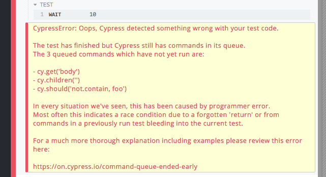 The test has finished but Cypress still has commands