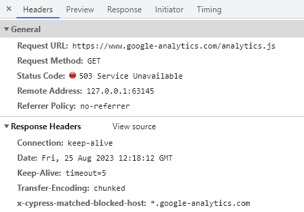 Network tab of dev tools showing blocked host