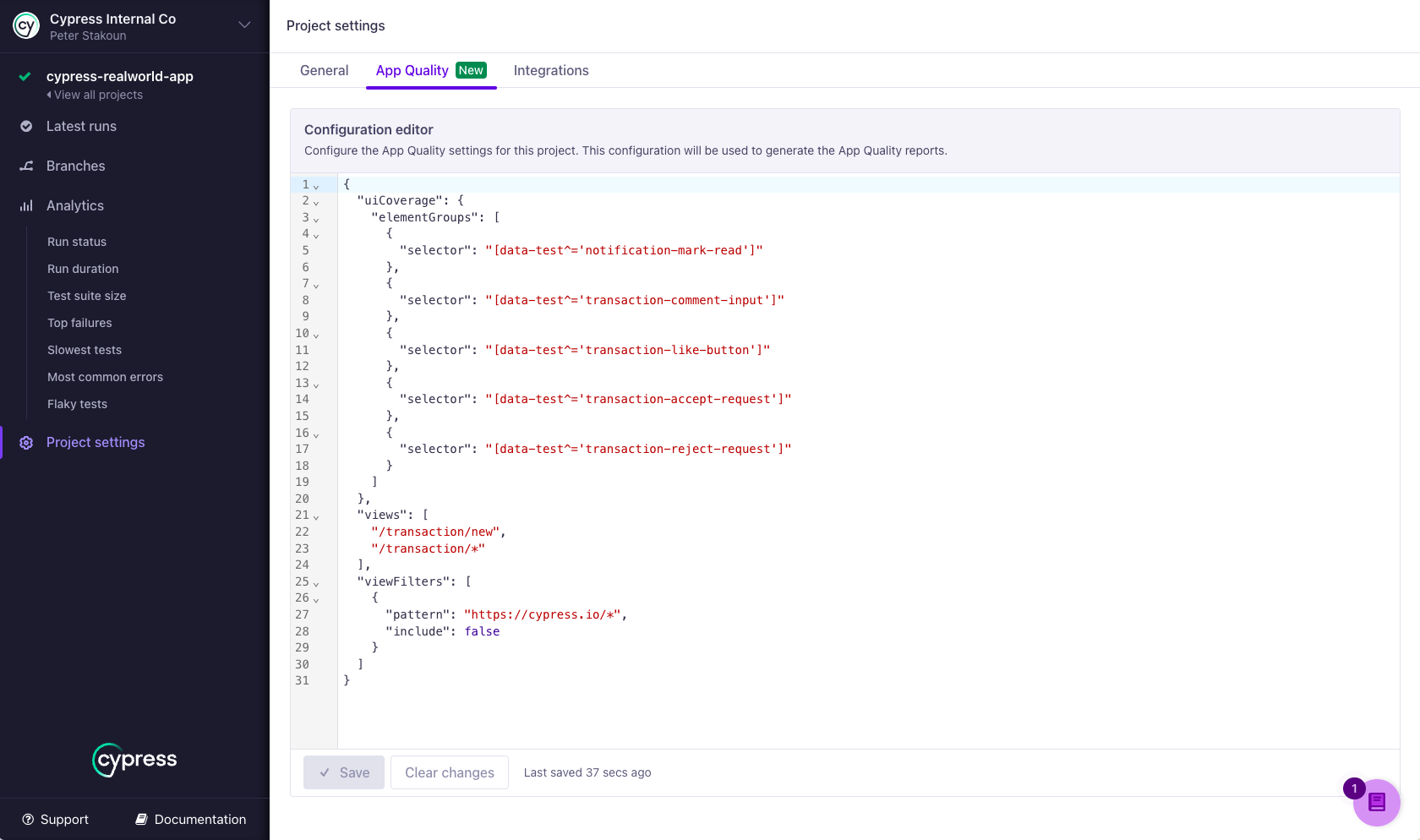 The Cypress Cloud UI showing the configuration editor