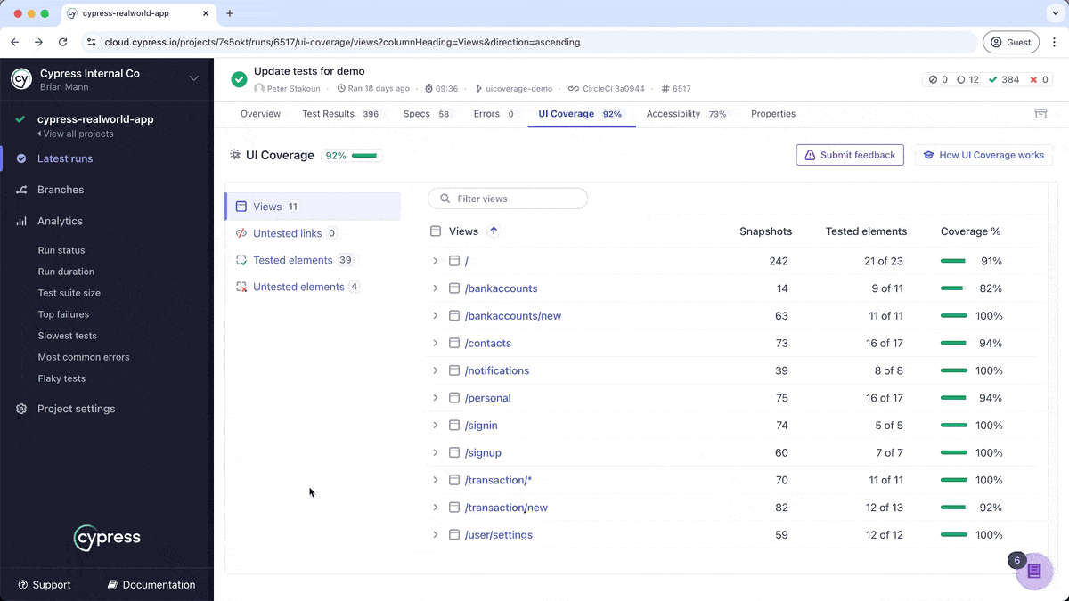 UI Coverage demo showing a mouse hovering and interacting with the UI of the Cloud product