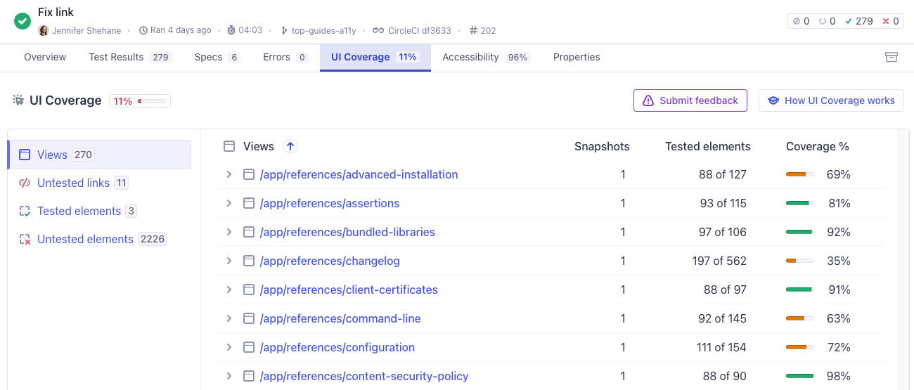 Cypress Cloud screenshot cropping to show a list of views within the UI Coverage tab including a lefthand navigation, a list of views and a filter