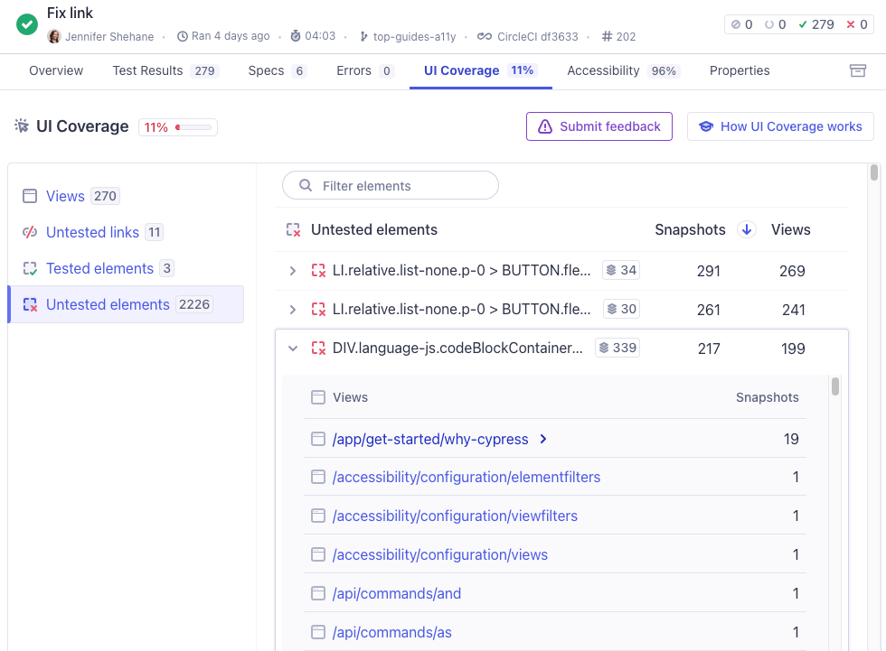 Cypress Cloud screenshot cropping the untested elements section with a list of elements that were not interacted with during the test run