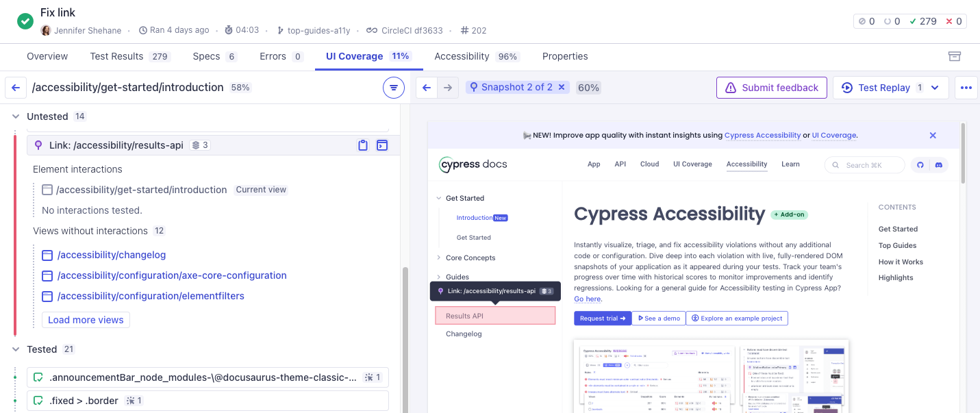 Cypress Cloud screenshot showing a view with the untested link highlighted in red