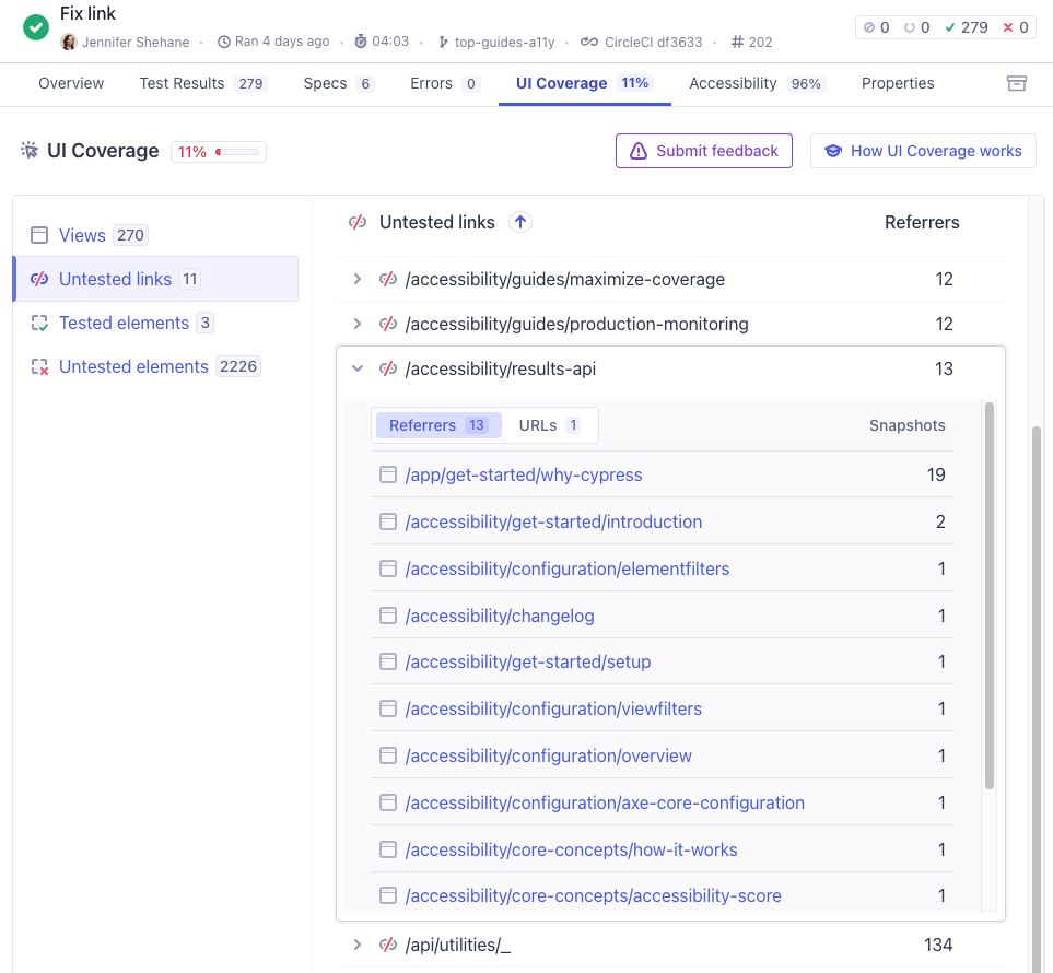 Cypress Cloud screenshot cropping the untested links section with a list of links that were not interacted with during the test run